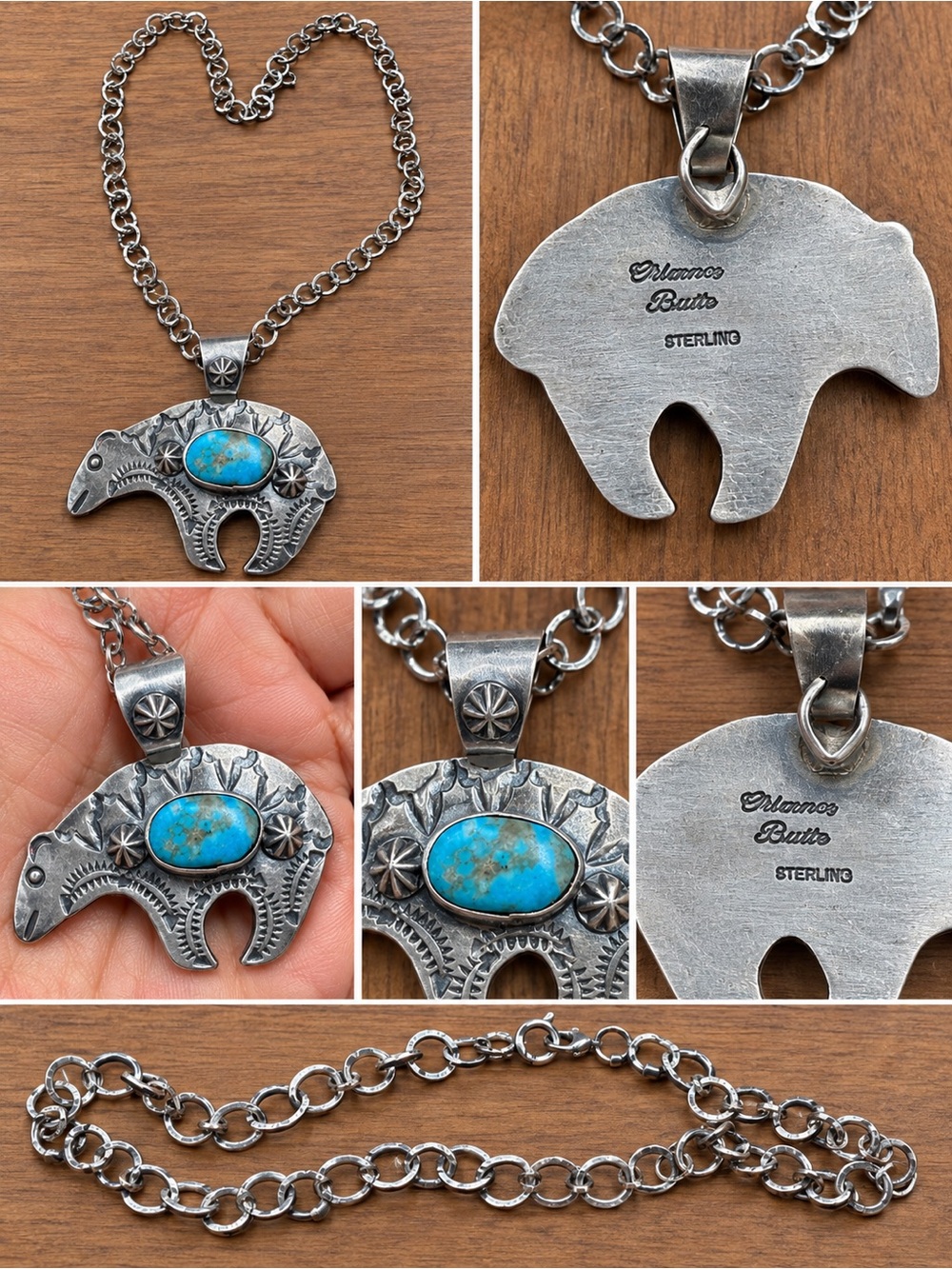 Sterling Silver Spirit Bear Pendant Necklace with Blue Turquoise -signed